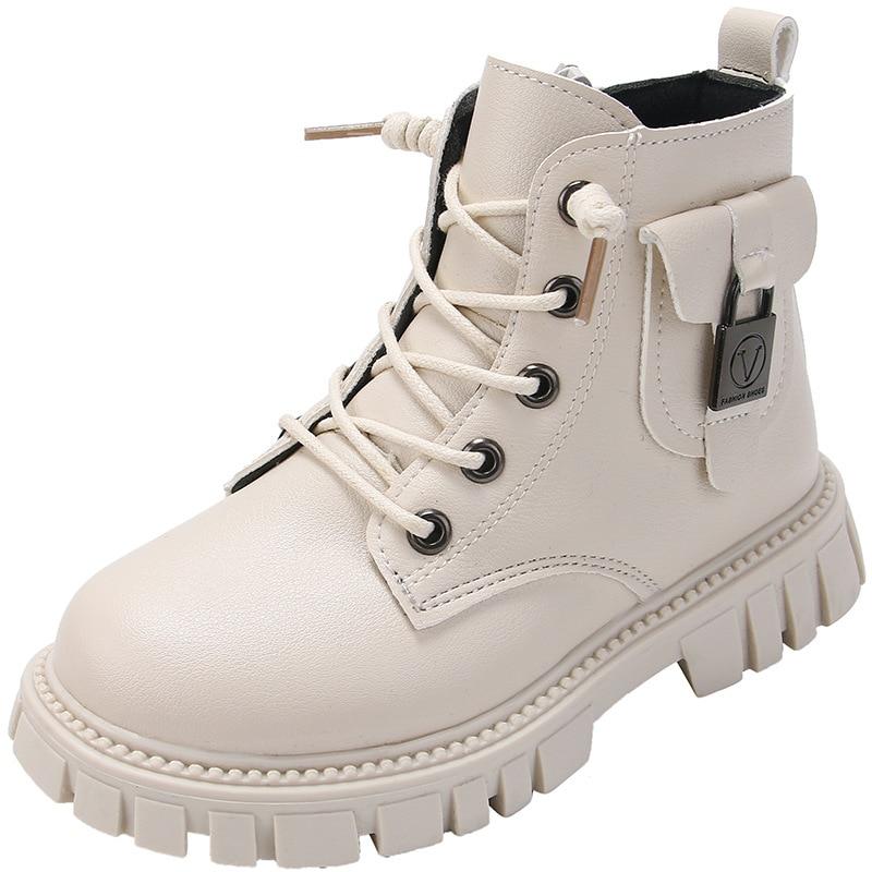 Herbst Winter Mädchen Stiefeletten Nicht-slip Jungen PU Leder Kurze Stiefel Kinder Stiefel Kleinkind Mädchen Stiefel 34 beige