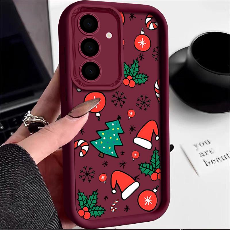 Süße Süßigkeiten Weihnachtsbaum Muster Schlanke Matte Hülle für Samsung S25 S24 FE S23 S22 S21 Ultra A54 A34 A55 A35 A14 Stoßfeste weiche Silikon Handyhülle Samsung A55 5G wein rot