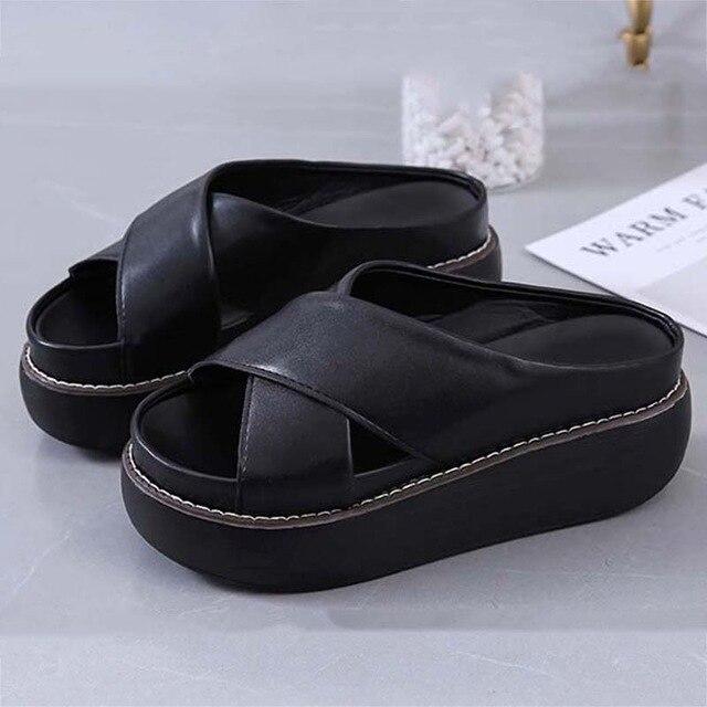 Frauen Sandalen Vintage Frauen Plattform Sandalen Nicht-Slip Dicken Boden Damen Schuhe Casual Frauen Hausschuhe Strand Rutschen Weibliche Schuhe 35 schwarz