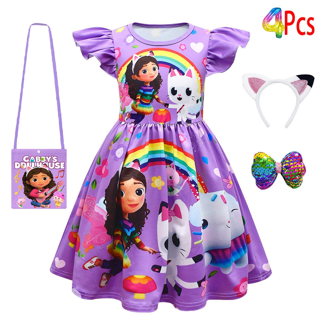 Mädchen Kleid Kurzarm Gabby's Puppenhaus Prinzessin Gabby Katze Netz Tüllrock Kindergeburtstag Cosplay Kleid Kostüm 130(7-8Years) purple