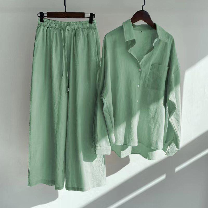 Damen zweiteiliger Anzug Retro Plus Size Baumwolle Leinen Hemd Anzug Hohe Taille Lose Hosen für Frauen XL aquamarin