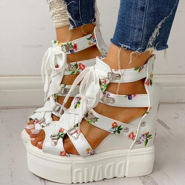 Damenschuhe Sommerschuhe Frauen Sandalen Plateau Schnürsenkel High Heels Freizeitschuhe 37 weiß