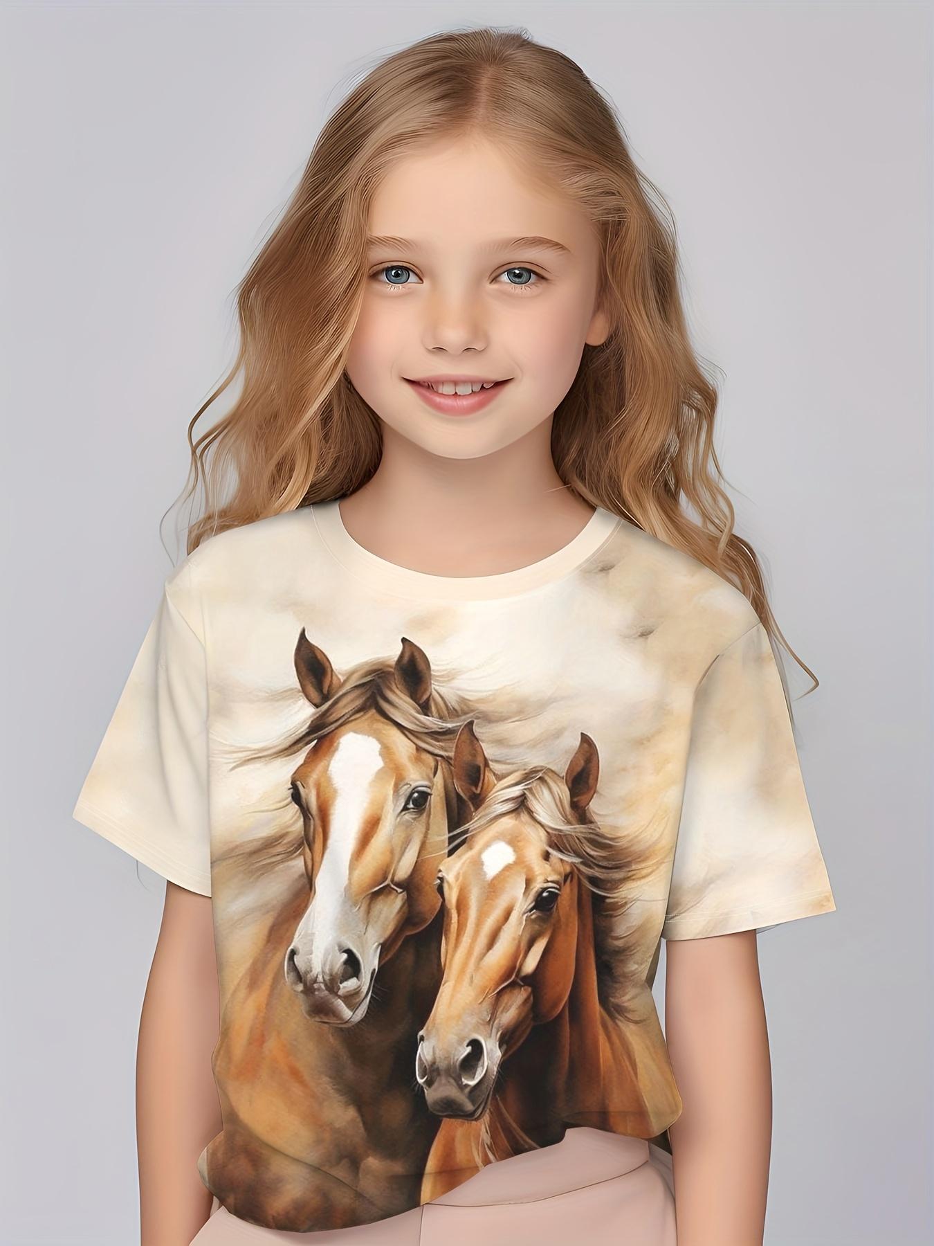 Kinderkleidung Mädchen Bezaubernder 3D-Feen-Druck Kurzarm-T-Shirt Tops Bequemer Rundhalsausschnitt Casual Tees Kinderkleidung für Mädchen 160 beige