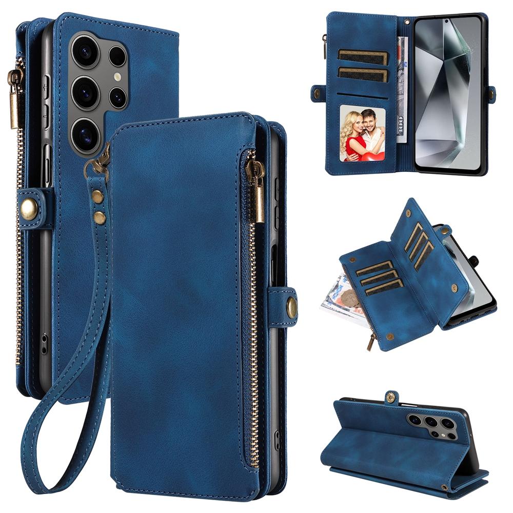 Reißverschluss Klapp Leder Hülle mit Riemen Geldbörse Hülle für Samsung Galaxy S26 S25 Ultra S24 Plus S23 FE S22 21 Handyhülle Karten Bargeld Tasche For Galaxy S25 gray