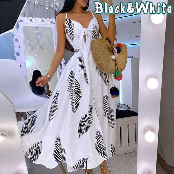 Modische Kleider für Damen, tiefer V-Ausschnitt, ärmellos, Maxi, lässig, Träger, Bohemian-Kleid, Strandkleidung S weiß/schwarz