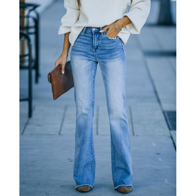 2024 Europäischer und amerikanischer Herbst und Winter im neuen Stil zum Pendeln, elastischer Denim, einfarbige Micro-Schlaghose, hoch taillierte Damenjeans S hellblaue