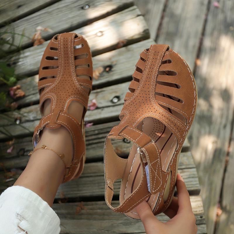 Einfarbige, trendige Sandalen für Damen, Slingback-Retroschuhe mit geschlossener Spitze und Plateau, vielseitige Sommerschuhe mit niedrigem Keilabsatz 36 hellbraune