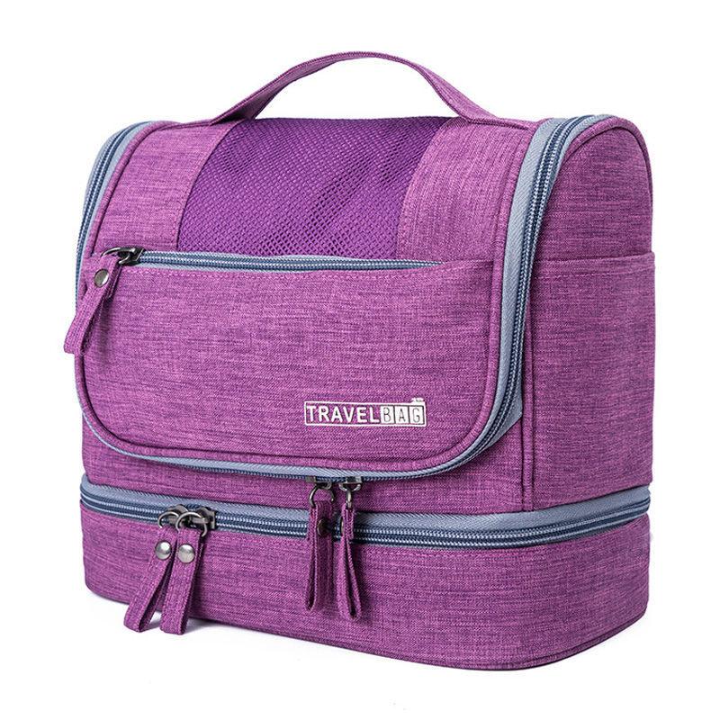 Reise-Make-up-Aufbewahrungstasche aus Polyester mit großer Kapazität, wasserdicht, Trocken-/Nasstrenntasche, Reise-Kulturtasche mit Haken für Damen 9.5*22.5*20cm violett