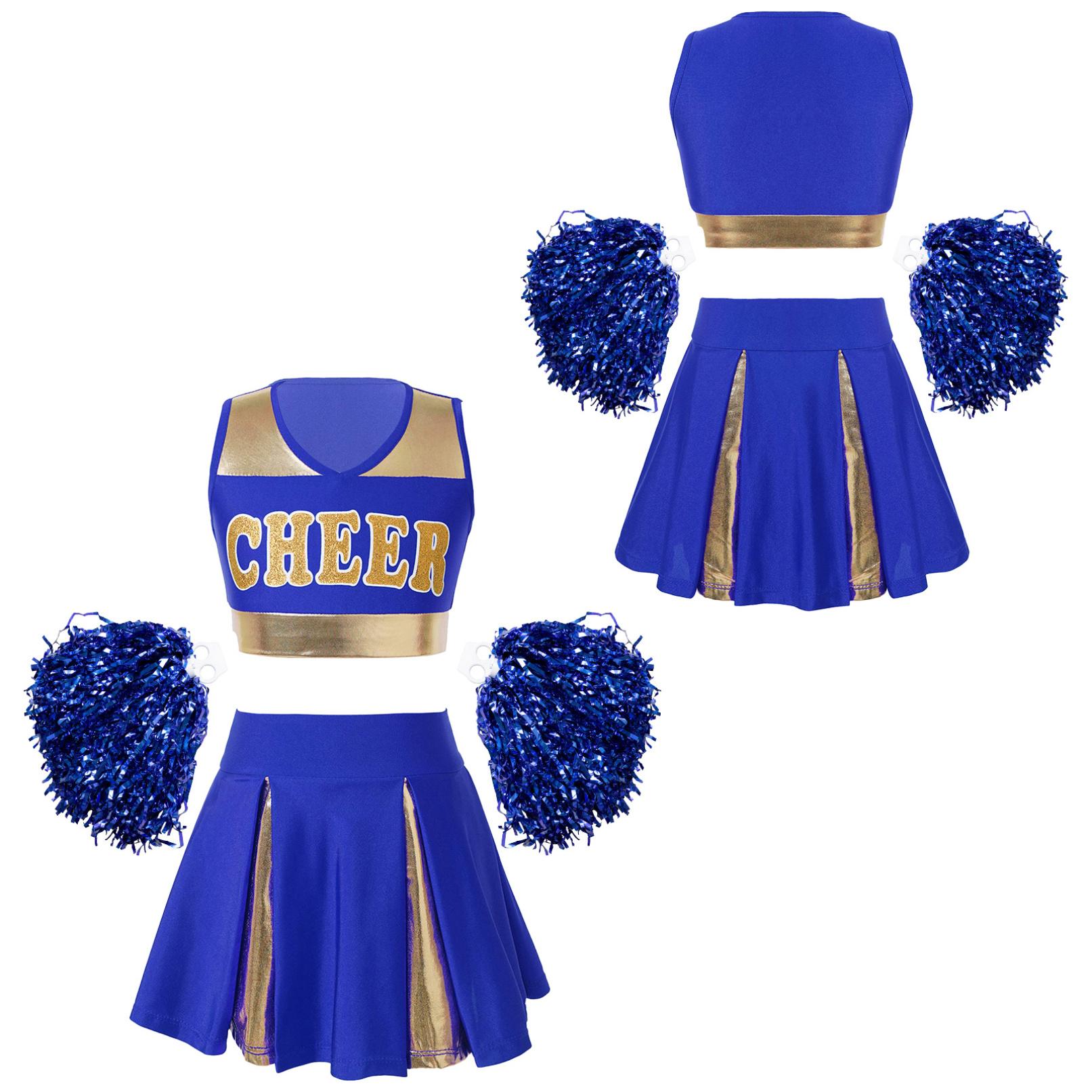 Cheerleading-Uniform für Mädchen, Kostüm-Outfit, Cosplay, Halloween-Kostüm, bauchfreies Top mit Rock und Handblumen 13-14 Years