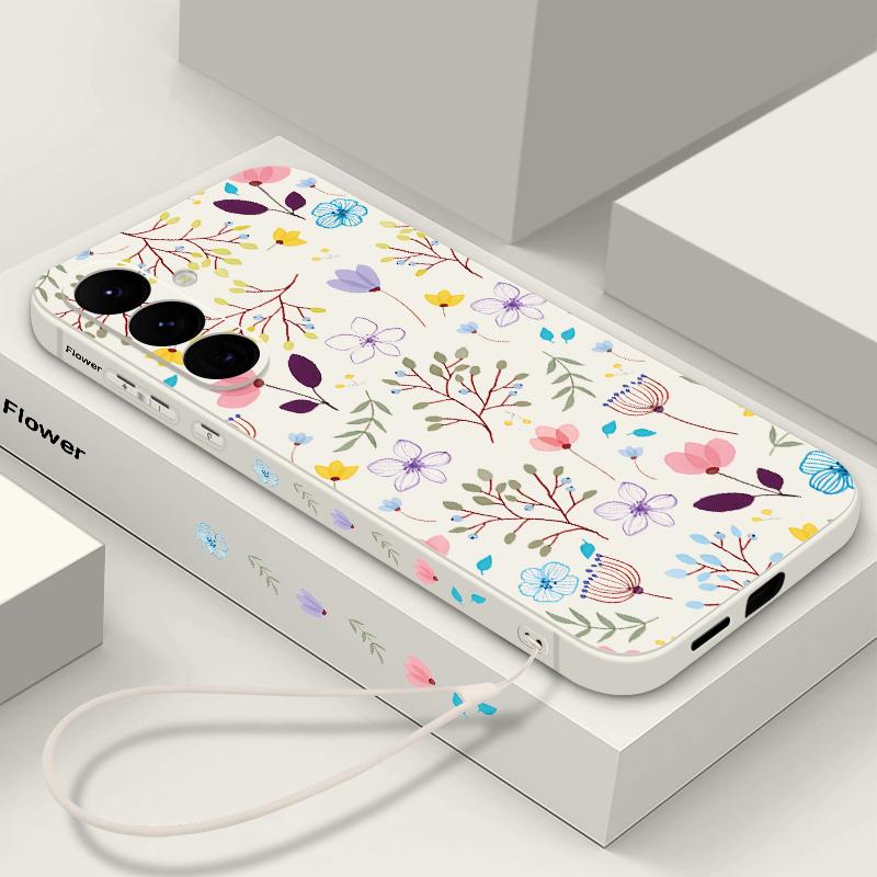 Für Samsung Galaxy S25 S24 S22 Ultra Plus S23 S21 S20 Fe A55 A54 A53 A35 A15 5g Blumenmuster Lanyard Stoßfestes schlankes Objektivschutz-Tpu-Softcover Samsung S23 FE beige