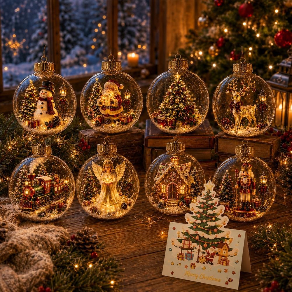 Leuchtendes Weihnachtsgeschichte-Ornament, Mini-Weihnachtsszene mit warmem LED-Licht, Festliches Andenken-Geschenk für die Weihnachtsdekoration zu Hause 8pcs