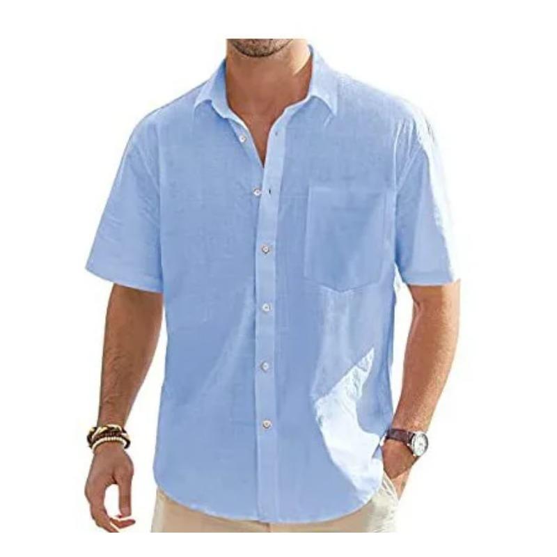 Herren Sommer Neuer Stil Europäische und Amerikanische Mode Klassisch Bequem Atmungsaktiv Baumwolle und Hanf Einfarbig Top Hemd L himmelblaue