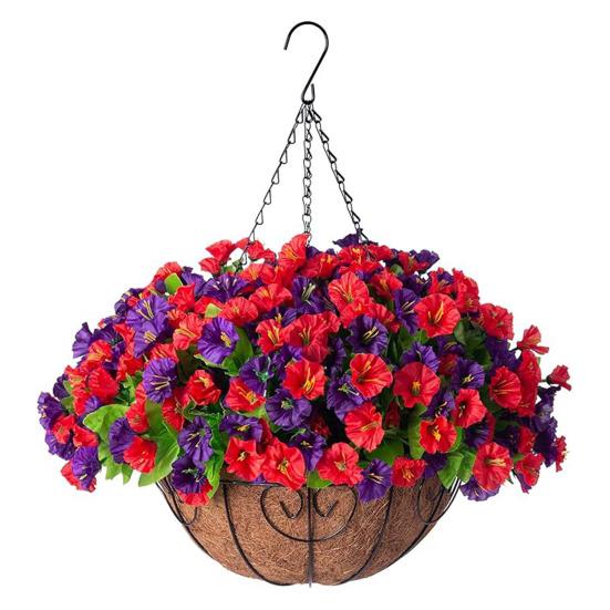 Künstliche Hänge-Kunstblumen mit Korb UV-beständige Kunstseide Prunkwinden Pflanzen für Veranda Terrasse Garten Balkon Hof Frühlings-Sommer-Dekor 1pc F