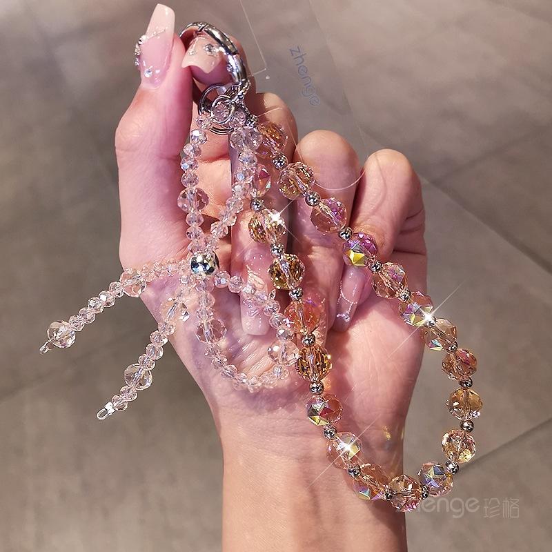 Boutique, Kristall-Handykette, Ins-Stil, Luxus, Damen, Handgelenkanhänger, Kurzer Stil, Handyhüllen-Anhänger, Perlenkette [pink brown]