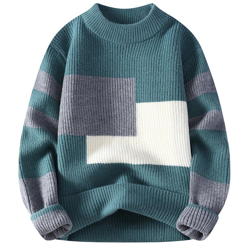 Winter Herbst Pullover Männer Koreanischen Stil Herren Warme Pullover Rundhals Herren Pullover Spleißen Farbe Muster männer Wolle Pullover Männlich L blau