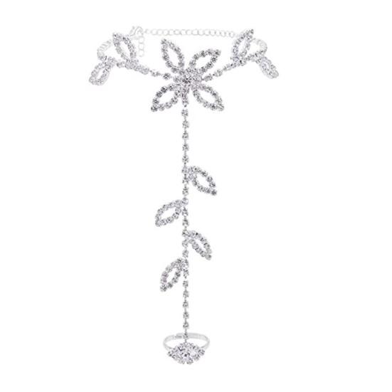 Einstellbare Erweiterte Kette Frauen Fußkettchen Glänzende Strass Blätter Fuß Kette mit Zehen Ring Fuß