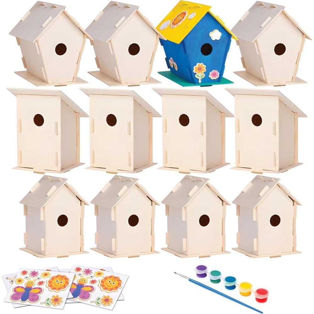 DIY12 Holzvogelhäuschen-Bausätze mit Farbstiften, Pinseln, Aufklebern und Schnüren, Kreatives Bastelset für Kinder und Erwachsene Pack of 12 white