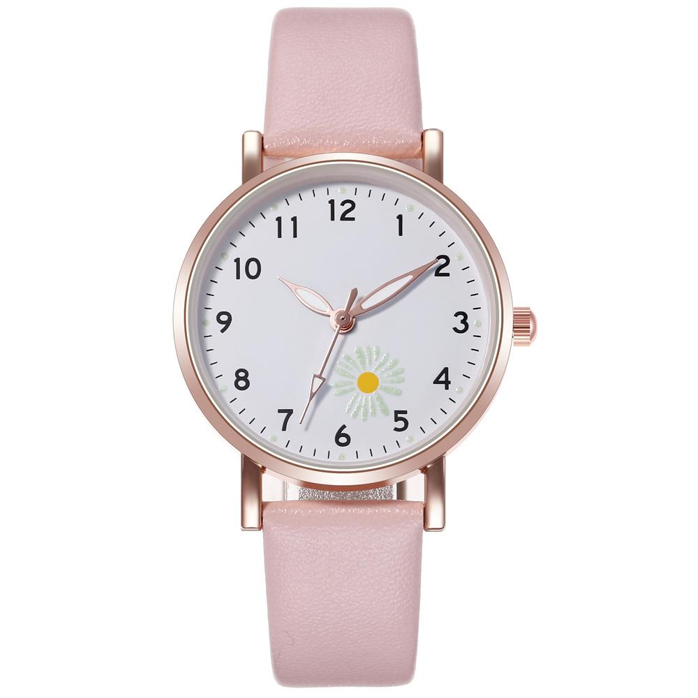 Kreative Damen Beliebte Mode Gänseblümchen Hohe Qualität Uhr Mädchen PU Leder Koreanisch Quarz Leuchtend Heißer Verkauf Armbanduhr Uhren Lässig Geschenk rosa