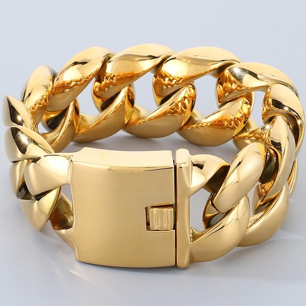 Massives Herrenarmband für Männer, polierter Edelstahl, 29 mm, Panzerkette mit kubanischer Gliederkette, Herrenarmbänder, Armband, Schmuckzubehör 23CM gold