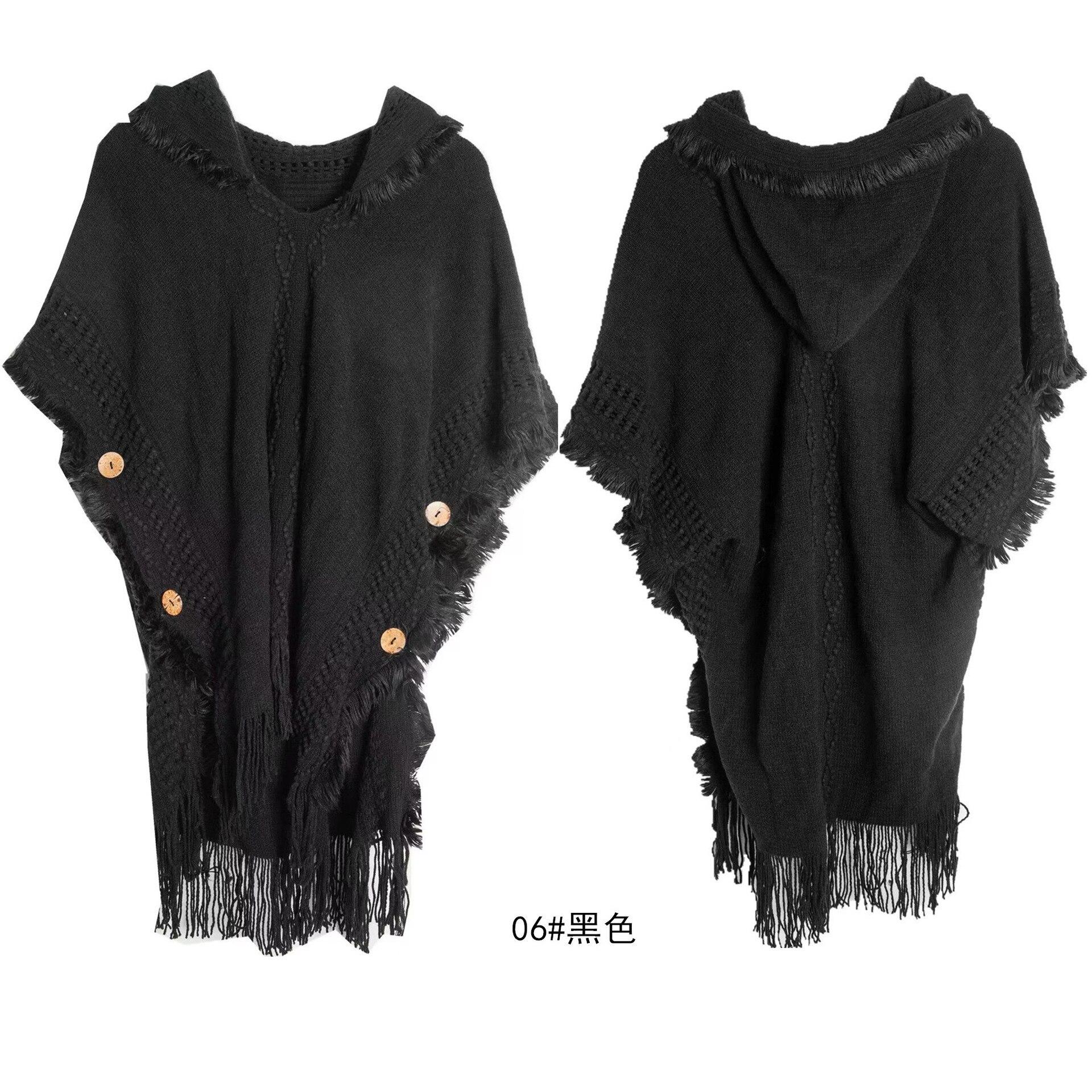 10 farben Frauen Taste Lose Cape Poncho Frühling Herbst Gestrickte Fledermaus Ärmel Pullover Quaste Lange Aus Straße Tragen Pullover Mit hut One Size schwarz