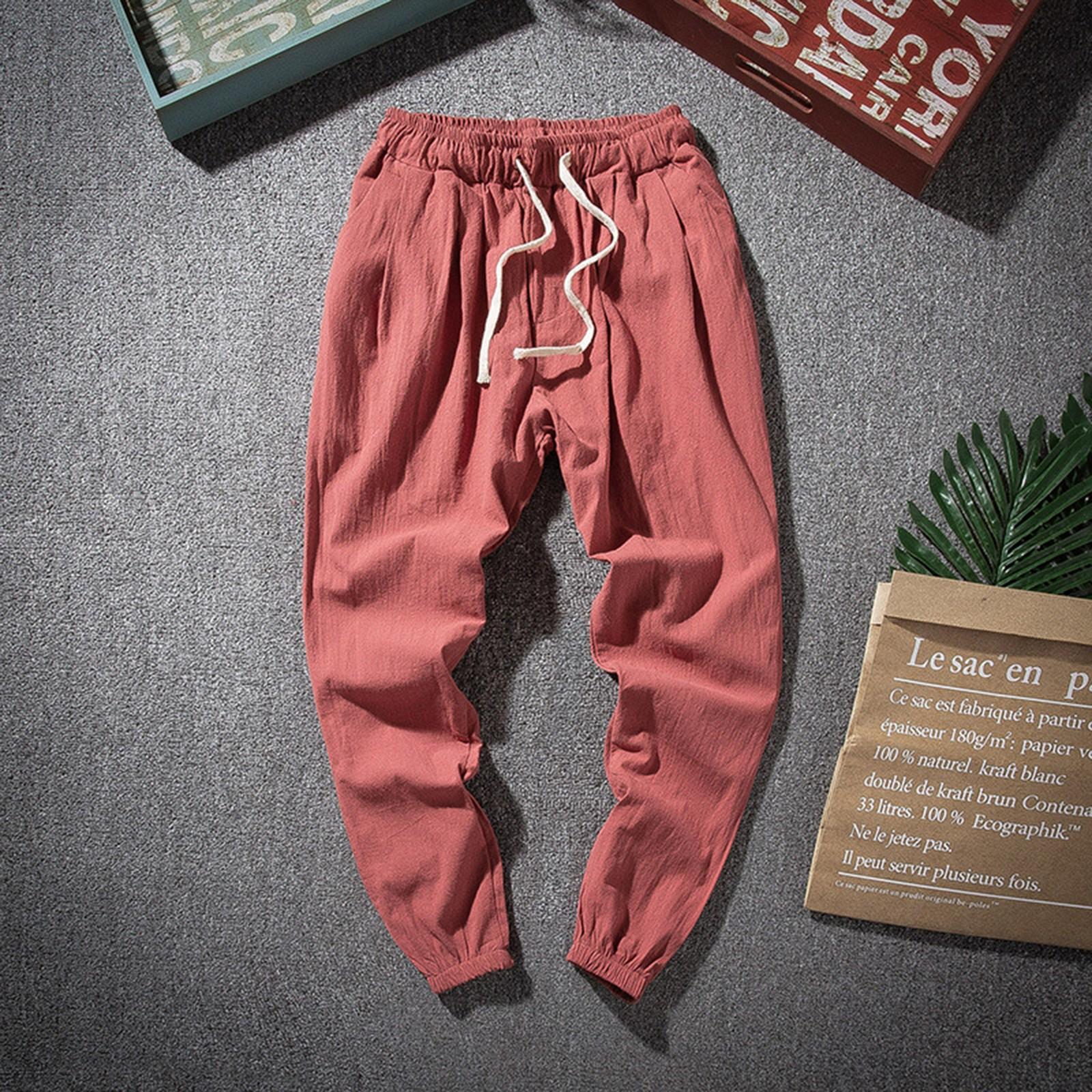 Herren Casual Neun-Punkte-Hose Baumwolle Hanf Locker Kordelzug Bein Sommer Neun-Punkte-Hose XL wassermelone roten
