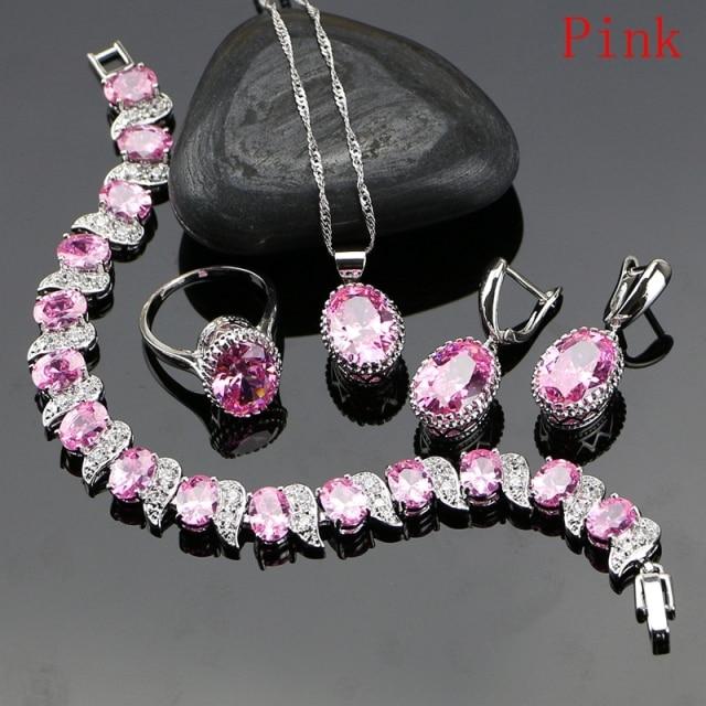 Natürlicher 925er Silberschmuck, roter Geburtsstein, Charm-Schmuckset für Damen, Ohrringe/Anhänger/Halskette/Ring/Armbänder 6 rosa