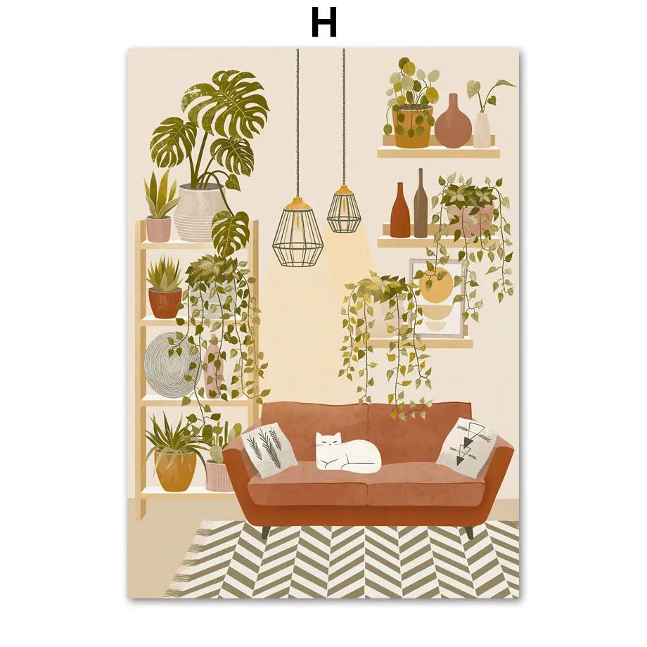 Boho Pflanzen Garten Kaktus Mond Wäsche Katze Wand Kunst Leinwand Malerei Nordic Poster Und Drucke Wand Bilder Für Wohnzimmer Dekor 30x40cm No Framed