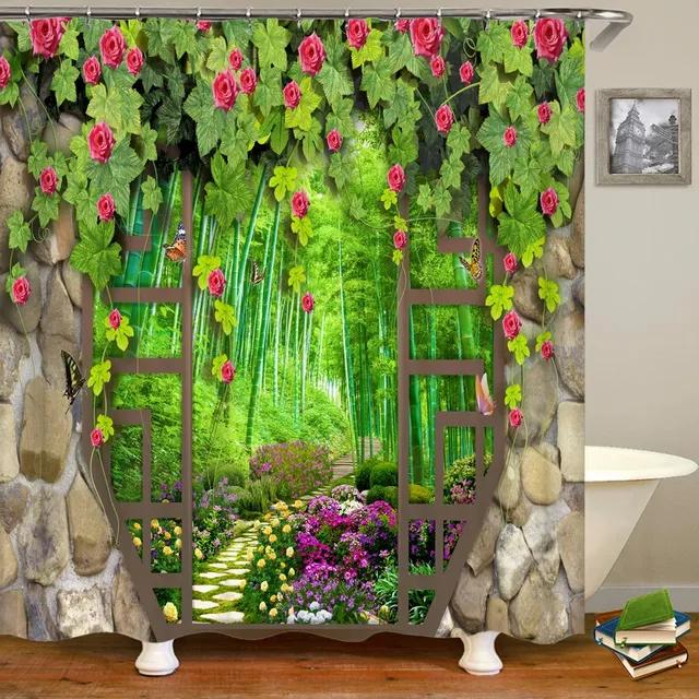 3D-gedruckter europäischer ländlicher Gartenblumen-Landschafts-Duschvorhang mit Haken, Badezimmer, wasserdichter Duschvorhang, Wohnkultur-Vorhänge W150xH180cm