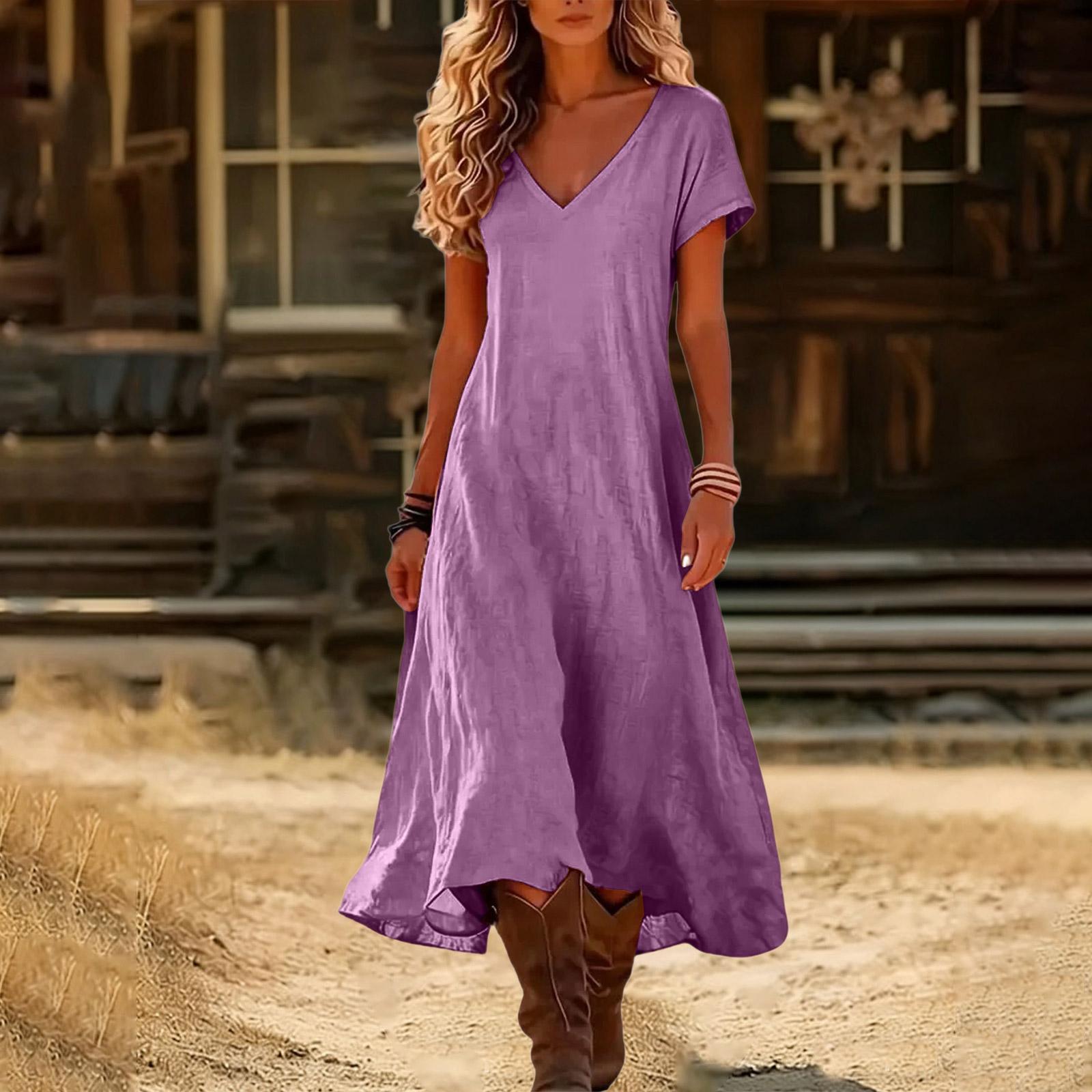 Boho-Kleider für Damen 2026 V-Ausschnitt Kurzarm-Sonnenkleider für Damen Sommerkleider für Damen Lässiger Lockerer Schnitt XXXL violett
