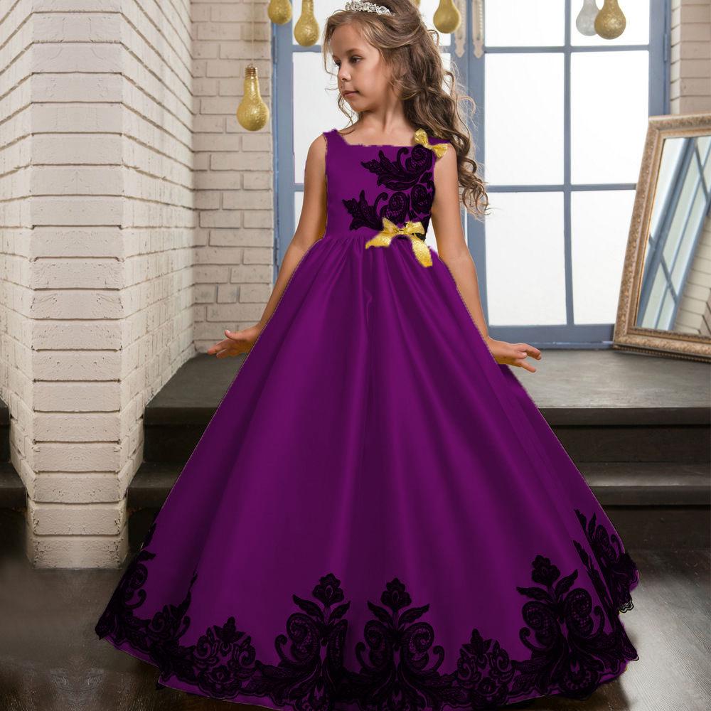 Hochwertiges Kinder-Mädchen-Hochzeitskleid mit Stickerei, Prinzessin, Party, Festzug, formelles Kleid, ärmellos, Seidentüll 160 violett