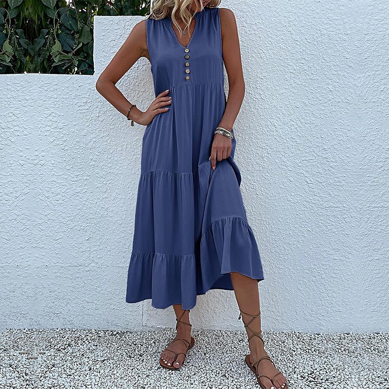 Sommer Damen Tank Top Kleid Ärmellos Plissee Kleider Lose V-Ausschnitt Midi Kleider M blau