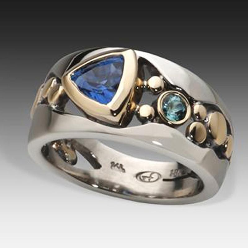 Eleganter Damen-Modering in Silber- und Goldfarbe, aushöhlen, eingelegter blauer Stein, Verlobungsringe für Frauen, Hochzeitsschmuck 8