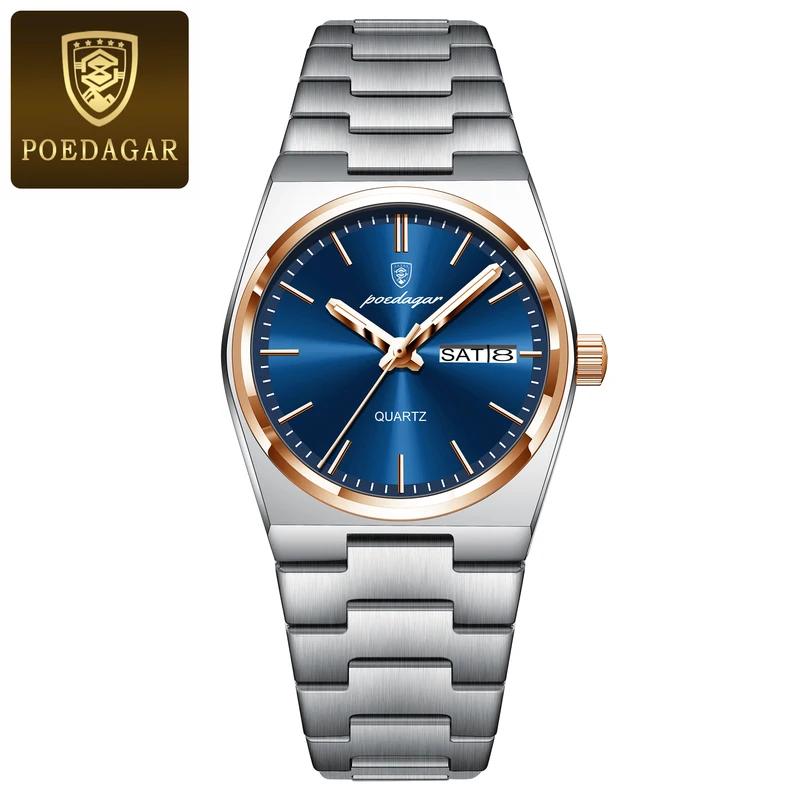 POEDAGAR Luxusuhr für Damen, elegante Quarzuhr, wasserdicht, leuchtend, Datum, Woche, Edelstahl, Damenuhren blau/rose gold