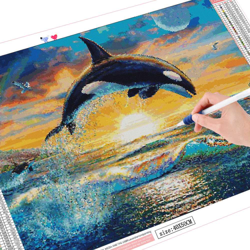 Diamant-Gemälde, Delfin-Bild, Strass, rund, Diamant-Mosaik, Sonnenuntergang, Diamant-Stickerei 20X30