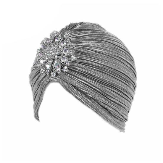 Kopftuch Hut mit ausgefallenen Falten Strasssteinen Retro-Stil Damen Turban Hut 20er 30er Vintage Kopfschmuck Haarschmuck silber