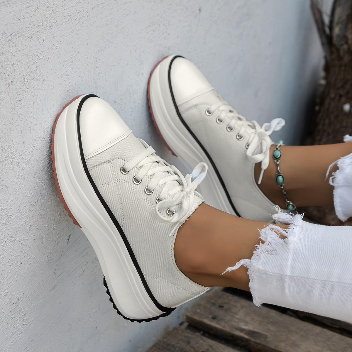 2024 Damen Canvasschuhe 2024 Damen Schnürschuhe Casual Sneakers Frühling Damenschuhe Atmungsaktive Sneakers Plateau Sneaker Größe 43 41 weiß