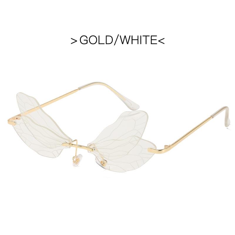 Modische Schmetterlings-Sonnenbrille, randlose Libellenflügel-Sonnenbrille für Damen, Vintage, klare Ozeanlinse, Brillen, Fahrradbrille, UV400 weiß