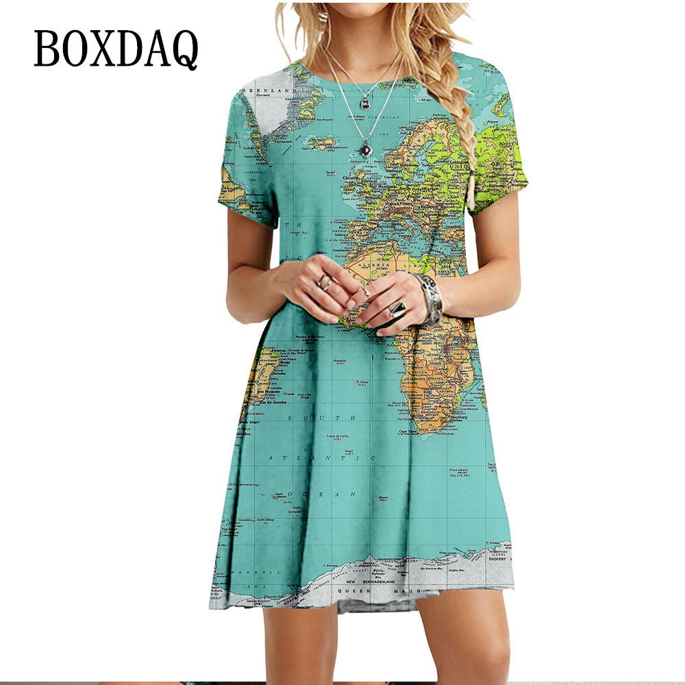Neue Kleidung Für Sommer Frauen Welt Karte Kleid Casual Oansatz Kurzarm Lose Übergroßen Kleid Mode Damen 3D Gedruckt Kleider XL