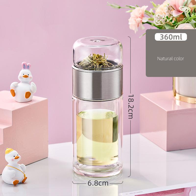 Doppelschichtiger tragbarer Wasserbecher, einfaches Büro für Frauen, Büro, Geschäft, Paar, Geschenkbecher, Zitronentee, Rosentee, Becher mit Tee-Ei 360-450ml