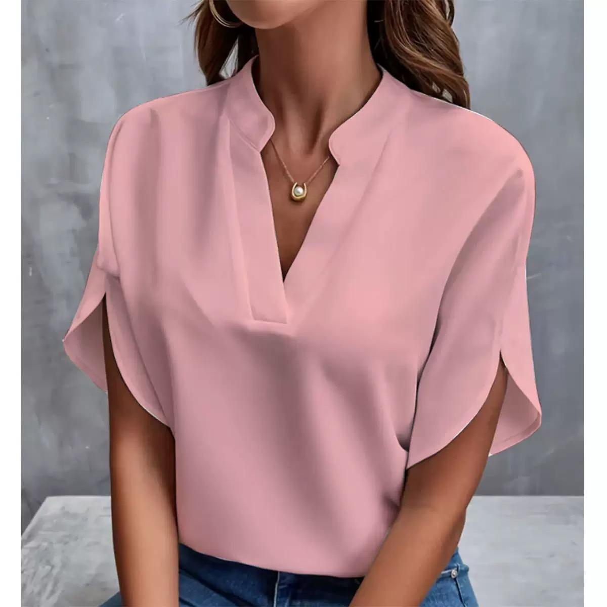 VEZFAA Damenmode, lässig, Sommer, Frühling, einfarbig, bedruckt, kurzärmelig, V-Ausschnitt, Blusen und Hemden XXL rosa
