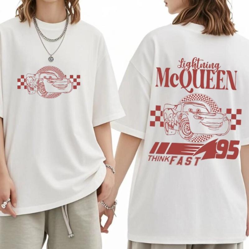 Auto Lightning McQueen Erwachsenen Weißes T-Shirt Lightning McQueen Schriftzug und Rennmuster Rückseite Herren Damen Oversize Baumwoll Oberteil L