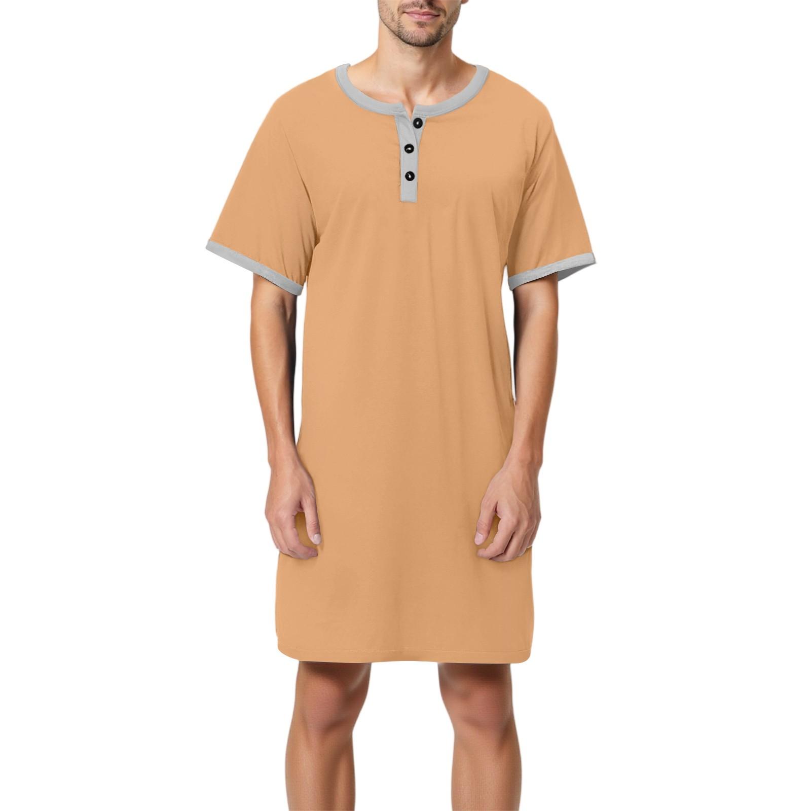 Herren Einfarbig Baumwolle Kurzarm Pyjama Button-Down Kragen Lange Lockere Pyjama Hauskleidung XL hellbraune