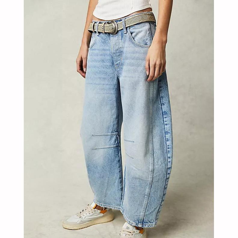 Lässige Damenjeans Weitbeinjeans Taschen Hip Hop Retro Mittlere Taille Geformte Lockere Denimhosen S hellblaue