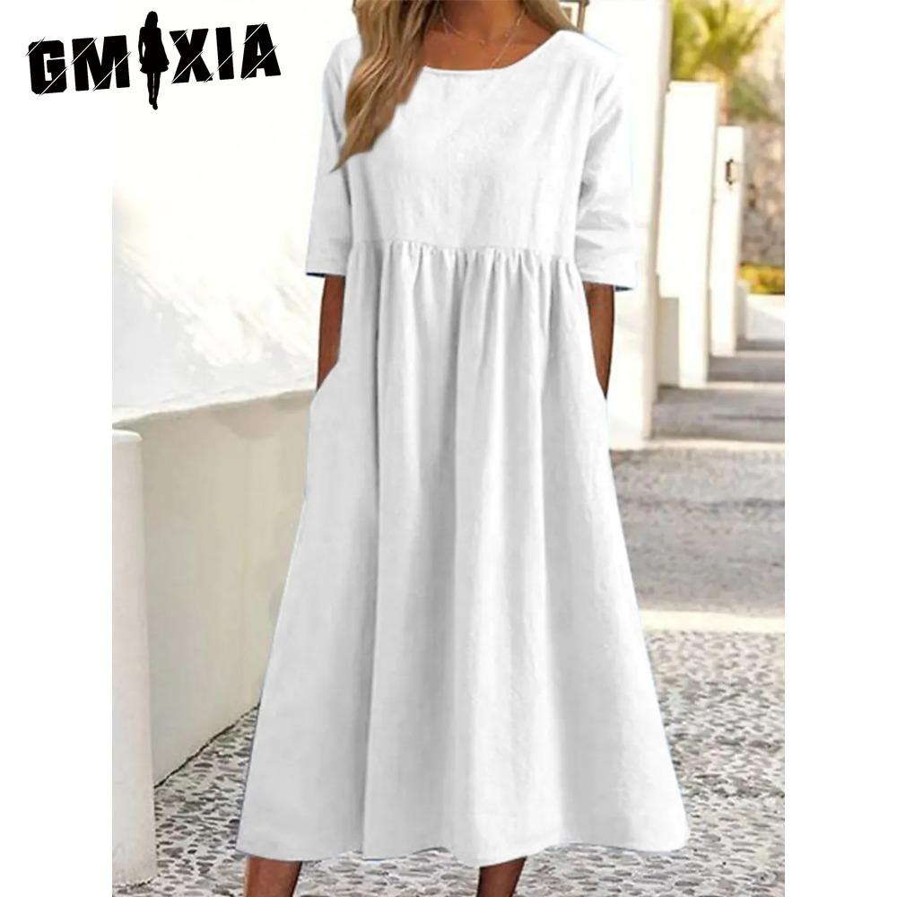 Frühling Sommer Damen O-Ausschnitt Kleid Lässig Locker Lange Kleider Übergrößen Kleider M weiß