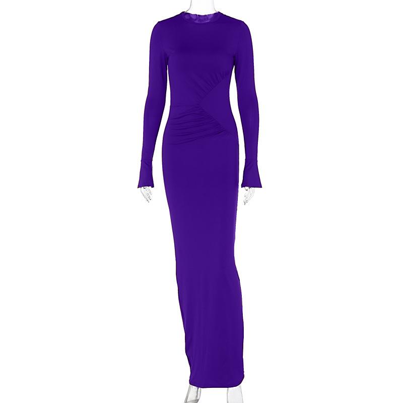 Hochstretch-Plissee-Bodycon-Kleid für Damen 2024 Roben Elegantes Abendparty-Kleid Winter Maxi Langes Kleid Vestido M violett
