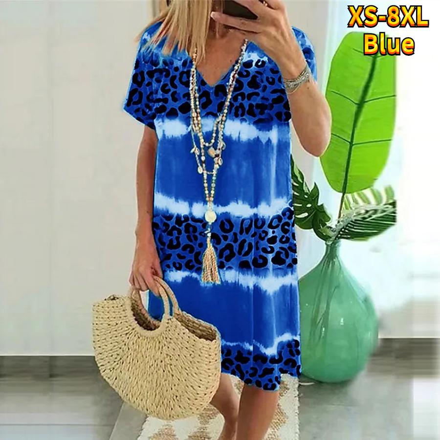 Sommer Mode V-ausschnitt Kleid Damen Kurzarm Blau Leopard Print Gedruckt Kleid Lose Casual Kleid für Frauen 8XL blau