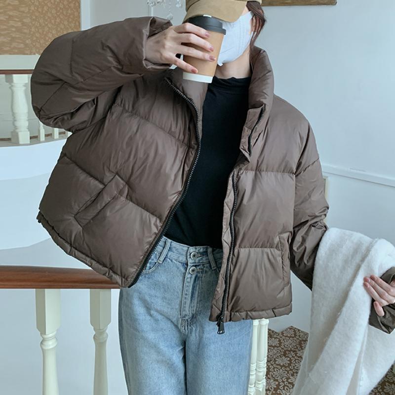 Winter Puffer Jacke Frauen Kurze Warme Jacke Zipper Gepolsterte Jacken Weibliche Oberbekleidung Mäntel Baumwolle Parkas Unten Jacken XL kaffeebraun