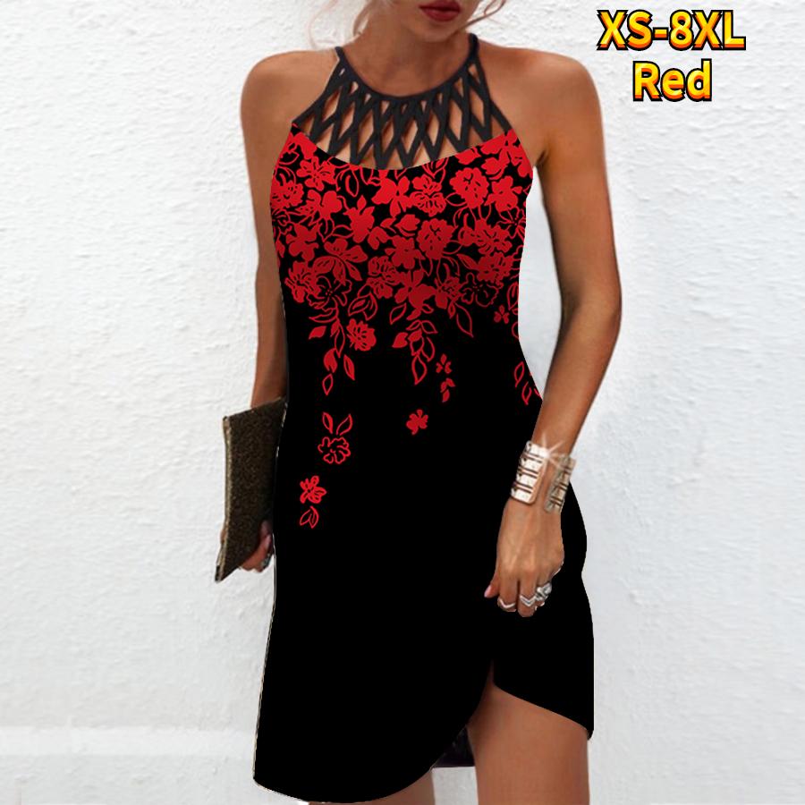 Sommer Mode Sexy Ärmelloses Kleid Weiche Casual 3D Weiß Blumen Print Kleid Ärmelloses Sling Kleid Sommer Hosenträger Kleid S rot