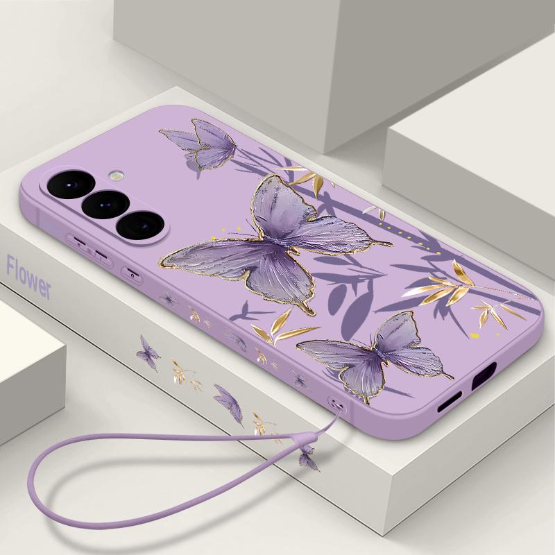 Hülle für Samsung Galaxy S24 S25 Ultra S23 S22 Ultra S21 S20 FE Schmetterling Bambusmuster Umhängebandhülle für Samsung A56 A17 A26 A16 A36 A55 A54 A53 A15 Samsung Galaxy A55 violett/schwarz