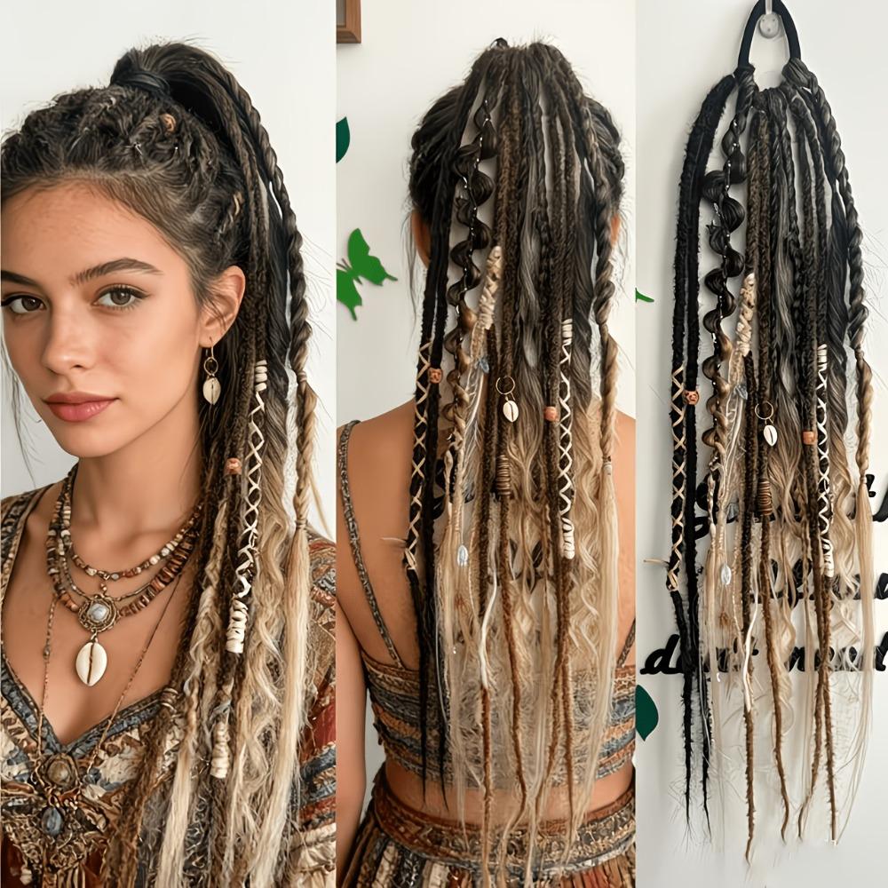 Ombre texturierter Dreadlock-Pferdeschwanz 24 Zoll Twist-Zopf Haarteil Boho geflochtene Perücken für Damen schwarz